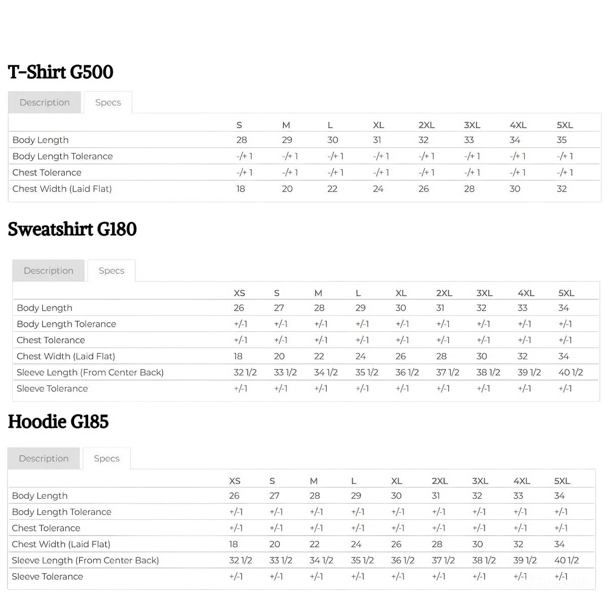 Size chart for T-Shirt G500, Sweatshirt G180, and Hoodie G185 on a white background